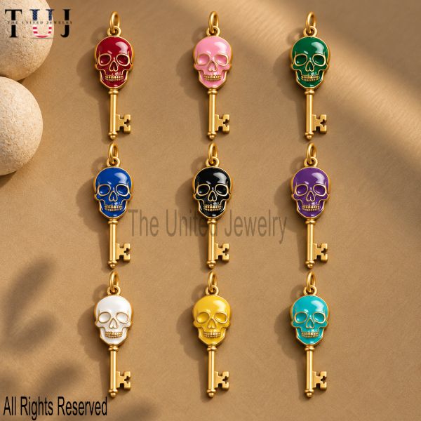 Black Skull Key Pendant – Gold Plated 925 Sterling Silver Enamel Gothic Charm