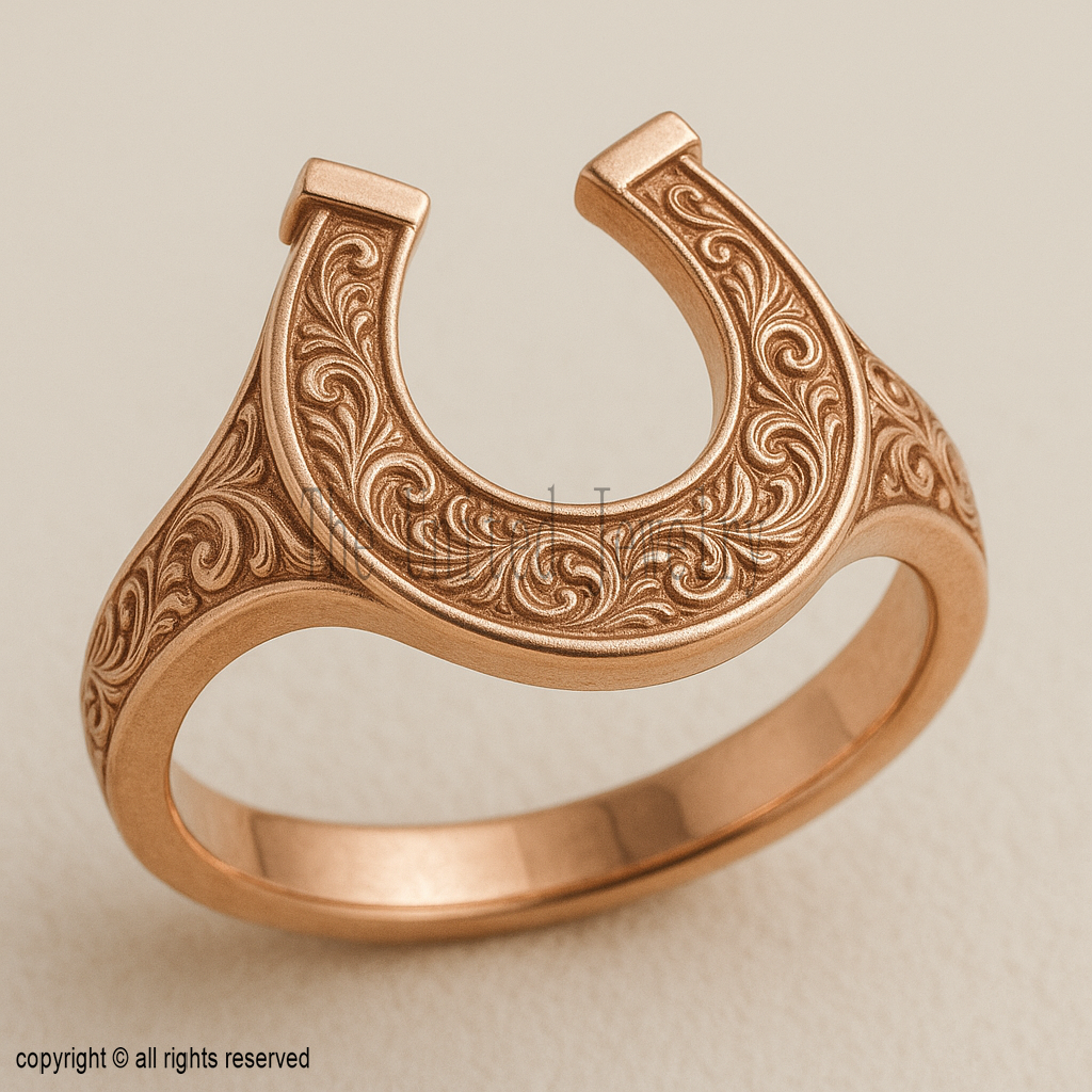 Vintage Horseshoe Ring, 925 Sterling Silver Lucky Horse Shoe Band, Western Floral Engraved Ring,