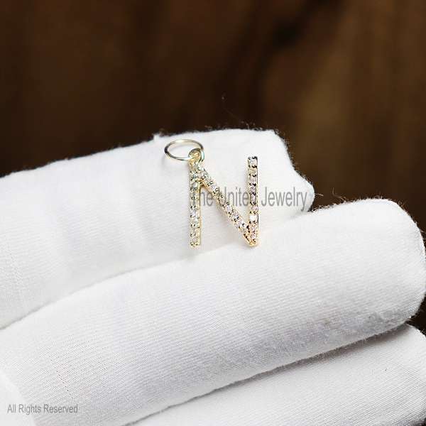 925 Sterling Silver Pave Diamond Initial N Alphabet/Letter Charm Pendant Jewelry