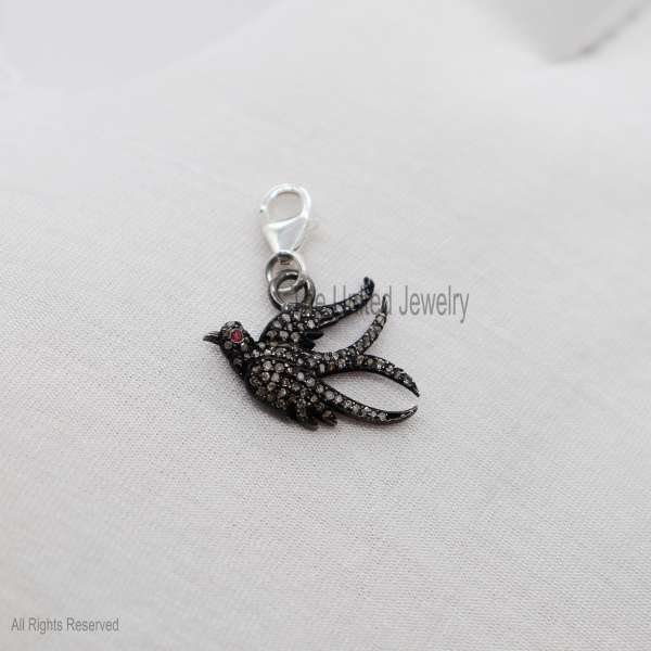 Diamond Bird Charm Pendant, Silver Pave Diamond Bird Charm Pendant Jewelry