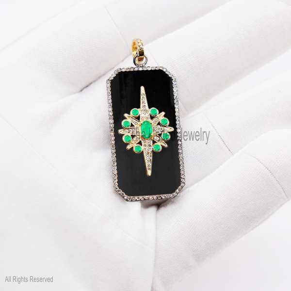 925 Sterling Silver handmade Tag Charm Pendant, Pave Diamond With Tsavorite And Black Enamel Charm Pendant Jewelry