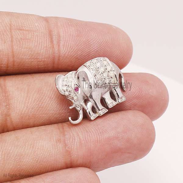 Pave Diamond 925 Sterling Silver Handmade Designer Elephant Charm Pendant Jewelry