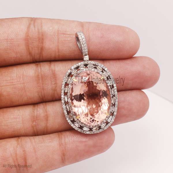 Handmade 925 Sterling Silver Pave Diamond With Color Gemstone Oval Shape Charm Pendant Jewelry