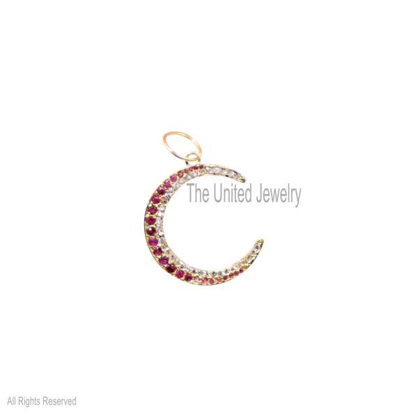 925 Sterling Silver Crescent Moon Natural Diamond And Ruby Handmade Charm Pendant Jewelry