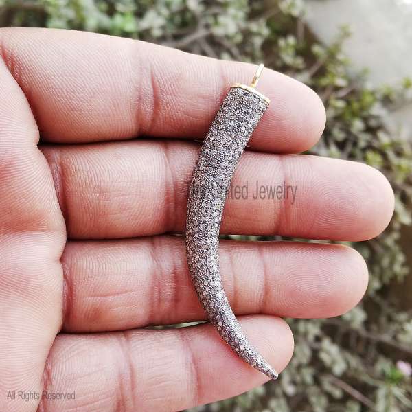 925 Silver Horn Pendant, Diamond Tusk Charm, Gold Plated Statement Jewelry