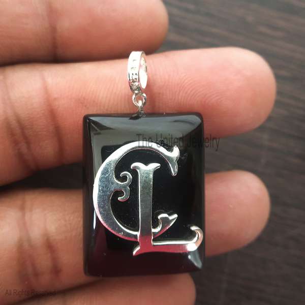925 Silver L Letter Pendant, Black Onyx Initial Charm, Personalized Jewelry