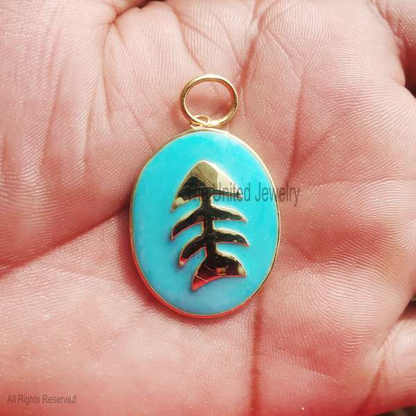 925 Silver Fish Bone Pendant, Turquoise Enamel Charm, Gold Plated Jewelry