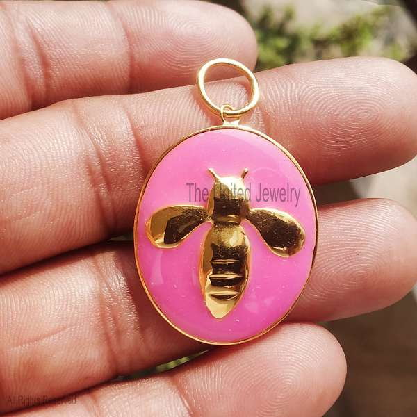 925 Silver Bee Pendant, Pink Enamel Oval Charm, Gold Plated Jewelry