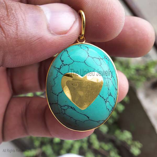 925 Silver Turquoise Heart Pendant, Gold Charm Oval Jewelry Gift