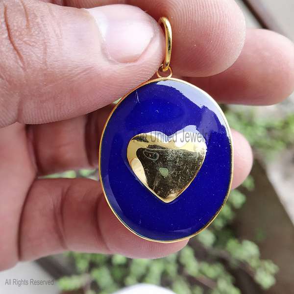 925 Silver Blue Enamel Heart Pendant, Gold Charm, Dainty Jewelry Gift