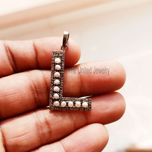 925 Silver L Letter Pendant, Pearl Diamond Initial Charm, Dainty Jewelry