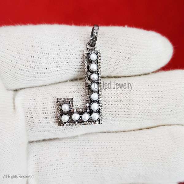 925 Silver J Letter Pendant, Pearl Diamond Initial Charm, Dainty Jewelry