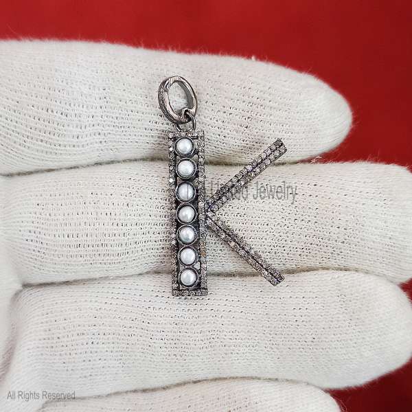 925 Silver K Letter Pendant, Pearl Diamond Initial Charm, Dainty Jewelry