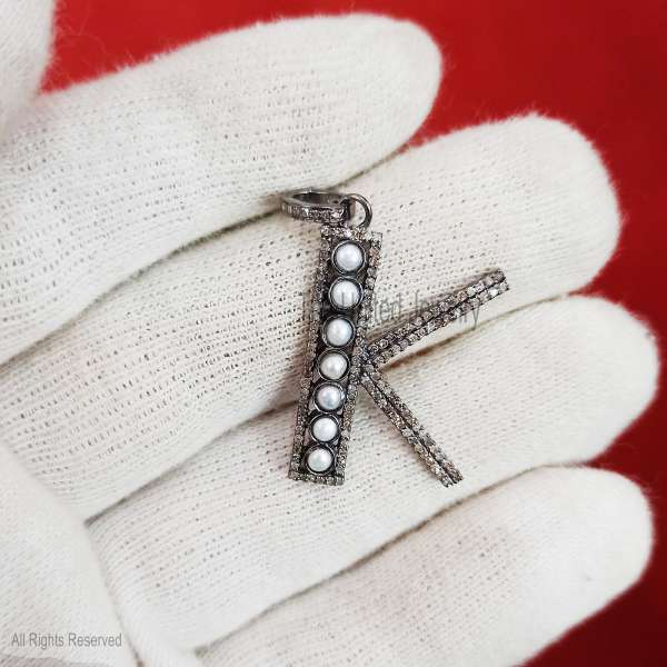 925 Silver K Letter Pendant, Pearl Diamond Initial Charm, Dainty Jewelry
