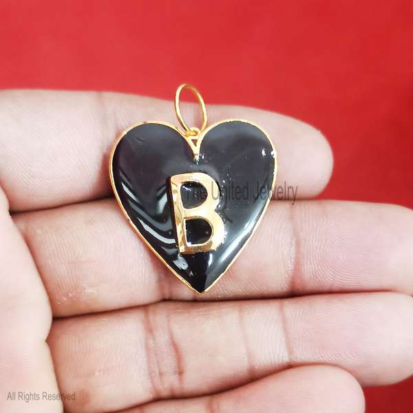 925 Silver B Letter Heart Pendant, Black Enamel Initial Charm, Gold Plated Jewelry