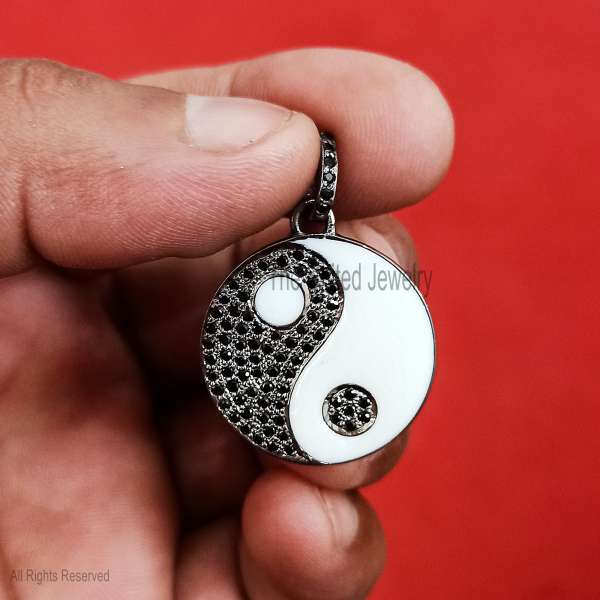 925 Silver Yin Yang Pendant, Black White Diamond Charm, Spiritual Jewelry