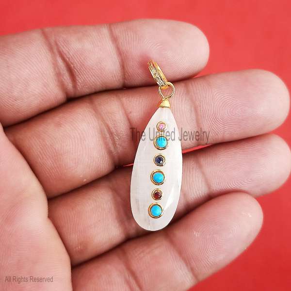 925 Silver Moonstone Pendant, Blue Stone Oval Charm, Gold Plated Dainty Jewelry