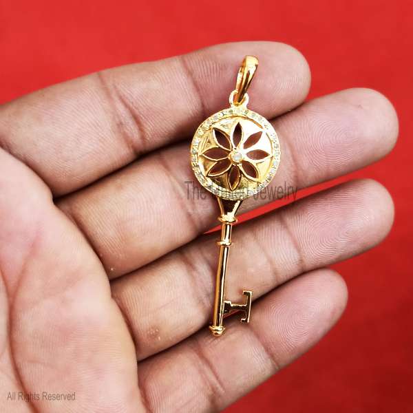 925 Silver Key Pendant, Floral Diamond Charm, Gold Plated Vintage Jewelry