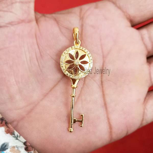925 Silver Key Pendant, Floral Diamond Charm, Gold Plated Vintage Jewelry