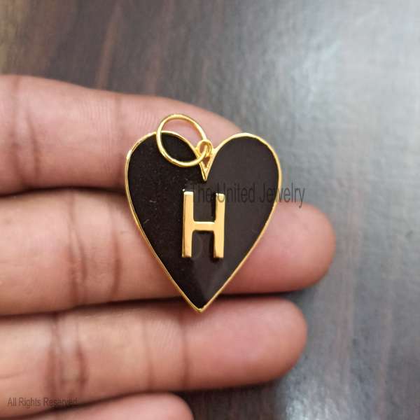 925 Silver H Letter Heart Pendant, Black Enamel Initial Charm, Gold Plated Jewelry