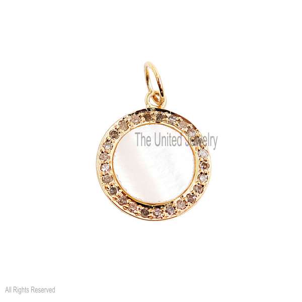 925 Sterling Silver Pave Diamond With Pearl Handmade Disc Charm Pendant Jewelry