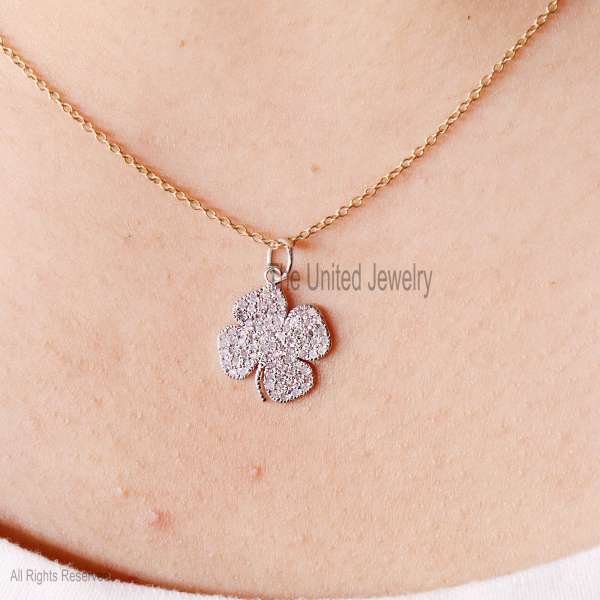 Handmade 925 Sterling Silver Pave Diamond Clover Charm Pendant Jewelry