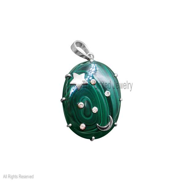 925 Silver Malachite Pendant, Star and Crescent Moon Malachite Pendant Jewelry