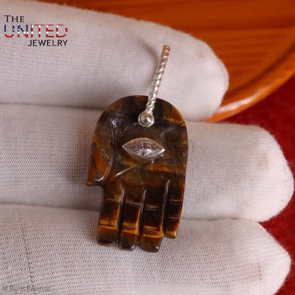 925 Silver Hamsa Hand Pendant, Tiger Eye Stone Charm, Protection Jewelry Gift