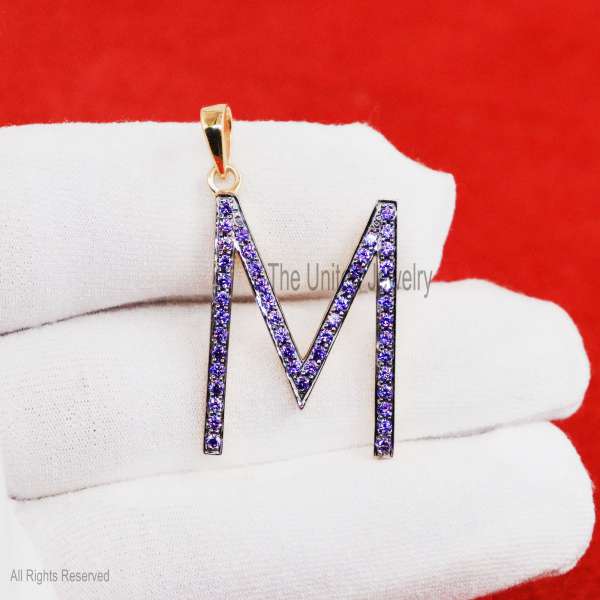 925 Silver M Letter Pendant, Purple Stone Initial Charm, Gold Plated Jewelry