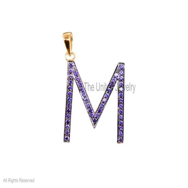 925 Silver M Letter Pendant, Purple Stone Initial Charm, Gold Plated Jewelry