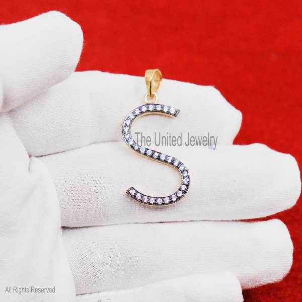 925 Silver S Letter Pendant, Diamond Initial Charm, Gold Plated Jewelry
