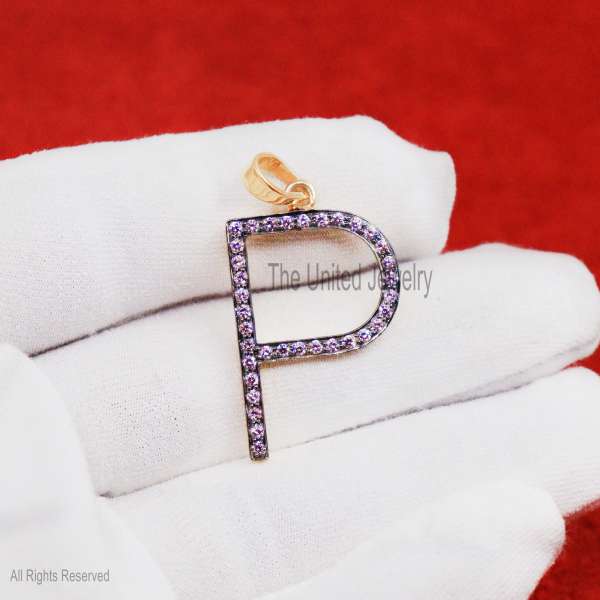 925 Silver P Letter Pendant, Diamond Initial Charm, Gold Plated Jewelry