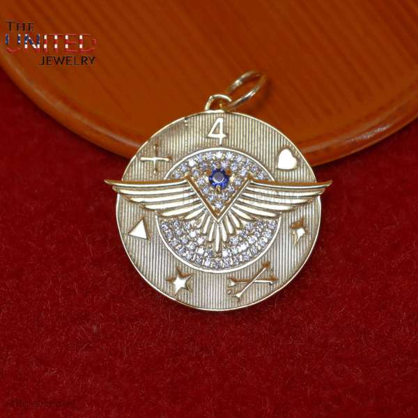 925 Silver Wing Pendant, Diamond Round Charm, Gold Plated Angel Jewelry