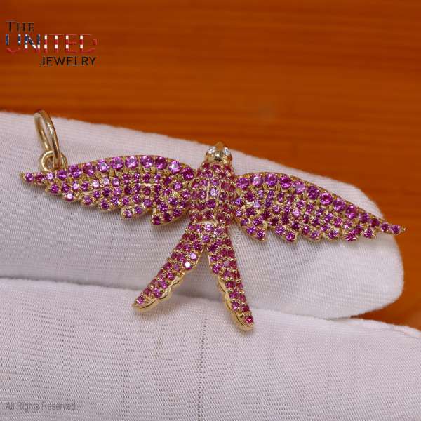 925 Silver Dragonfly Pendant, Pink Stone Insect Charm, Gold Plated Jewelry