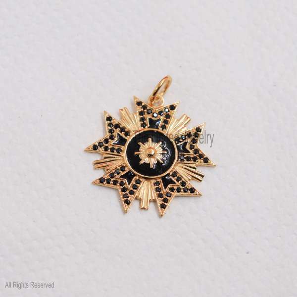 925 Silver Sunburst Pendant, Black Enamel Star Charm, Gold Plated Jewelry