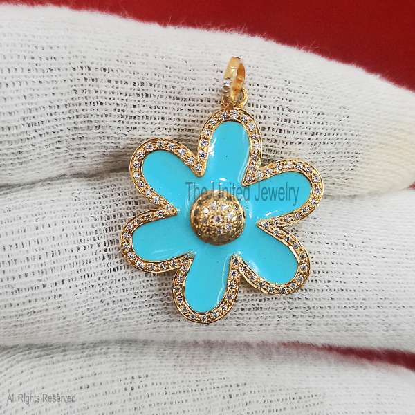 925 Silver Flower Pendant, Blue Enamel Diamond Charm, Gold Plated Jewelry