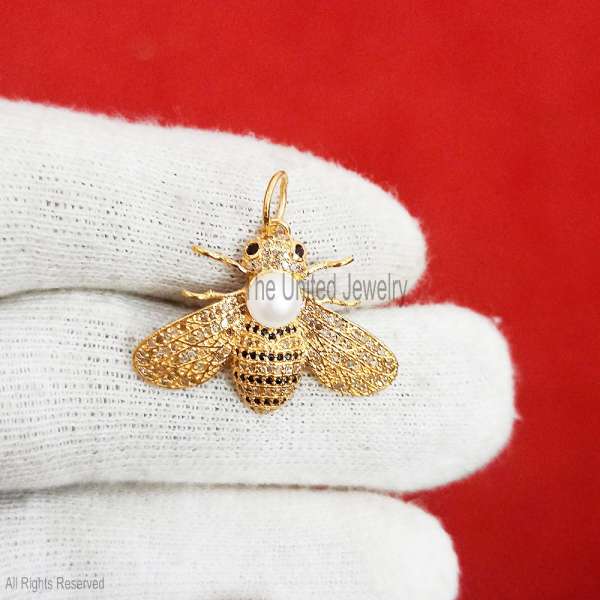 925 Silver Bee Pendant, Pearl Diamond Insect Charm, Gold Plated Jewelry