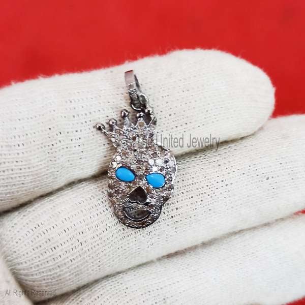 925 Silver Crown Skull Pendant, Turquoise Diamond Charm, Gothic Jewelry