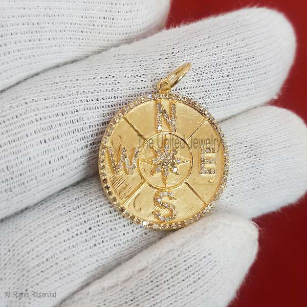 925 Sterling Silver Gold Plated Compass Medallion Pendant with Cubic Zirconia