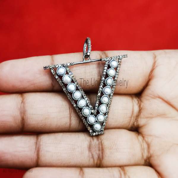 925 Sterling Silver Initial "V" Pendant with Seed Pearls & Black Rhodium Finish