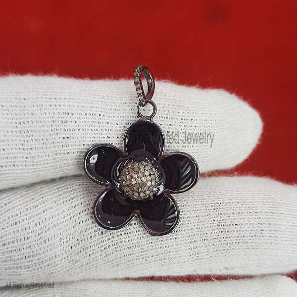 925 Sterling Silver Black Enamel Flower Pendant with Pavé CZ Center
