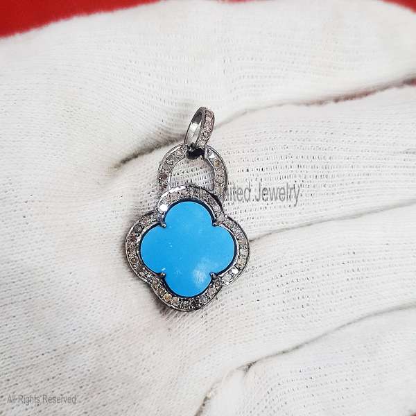 925 Sterling Silver Turquoise Clover Pendant with Black Rhodium & Pavé CZ