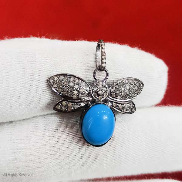 925 sterling silver, turquoise bee pendant, bumblebee necklace, black rhodium jewelry, insect charm, pavé cz pendant, animal jewelry, honeybee necklace, turquoise silver pendant, oxidized silver charm, bohemian jewelry, whimsical pendant, nature inspired jewelry, blue stone pendant, statement bee charm