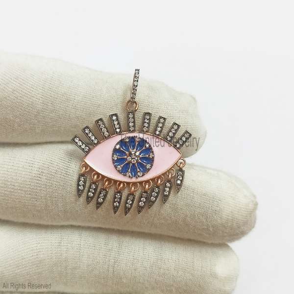 Pink Enamel Evil Eye Pendant in 925 Sterling Silver