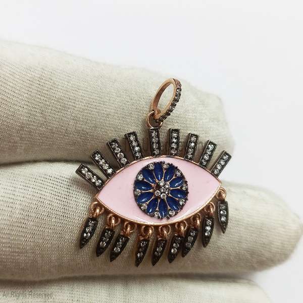 Pink Enamel Evil Eye Pendant in 925 Sterling Silver