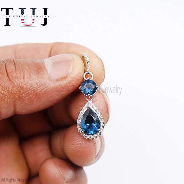 925 Silver Blue Topaz Pendant, Teardrop Diamond Charm, Dainty Jewelry Gift