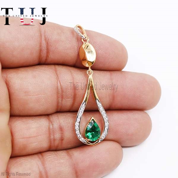 925 Silver Emerald Pendant, Teardrop Diamond Charm, Gold Plated Jewelry Gift