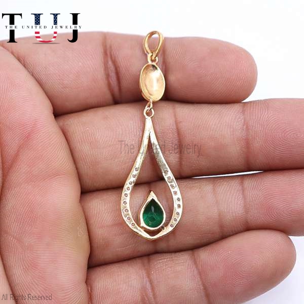 925 Silver Emerald Pendant, Teardrop Diamond Charm, Gold Plated Jewelry Gift