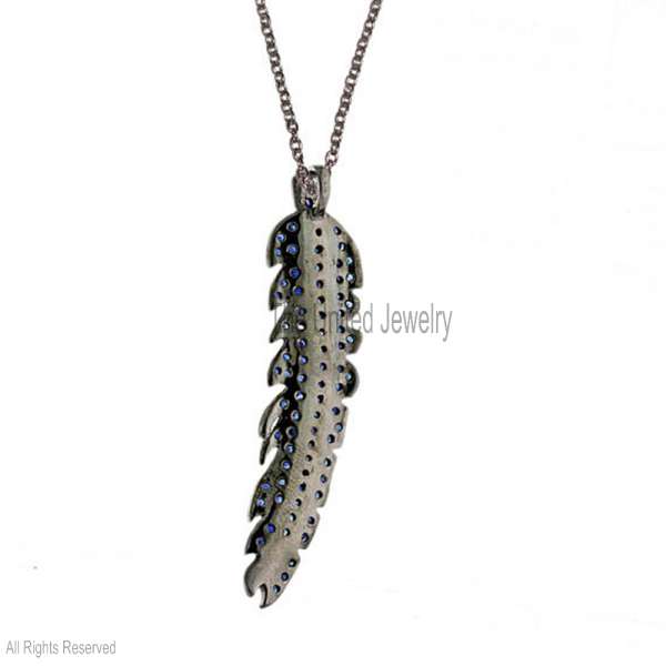 925 Sterling Silver Blue Sapphire Feather Pendant Necklace