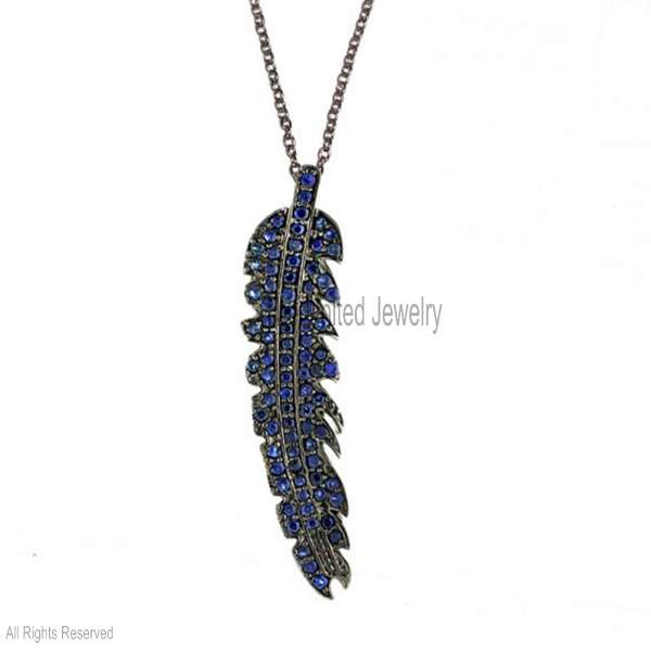 925 Sterling Silver Blue Sapphire Feather Pendant Necklace